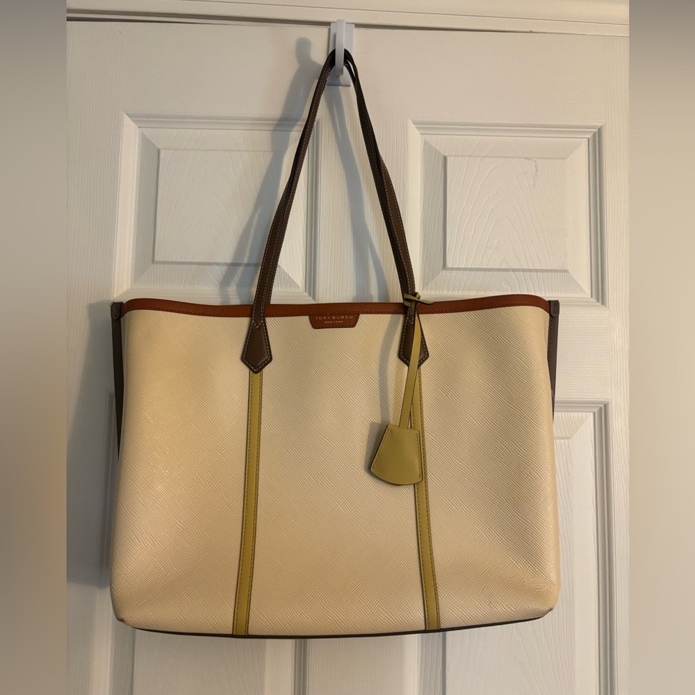 Tory Burch Perry 3 compartment Cream and Brown Tote Bag